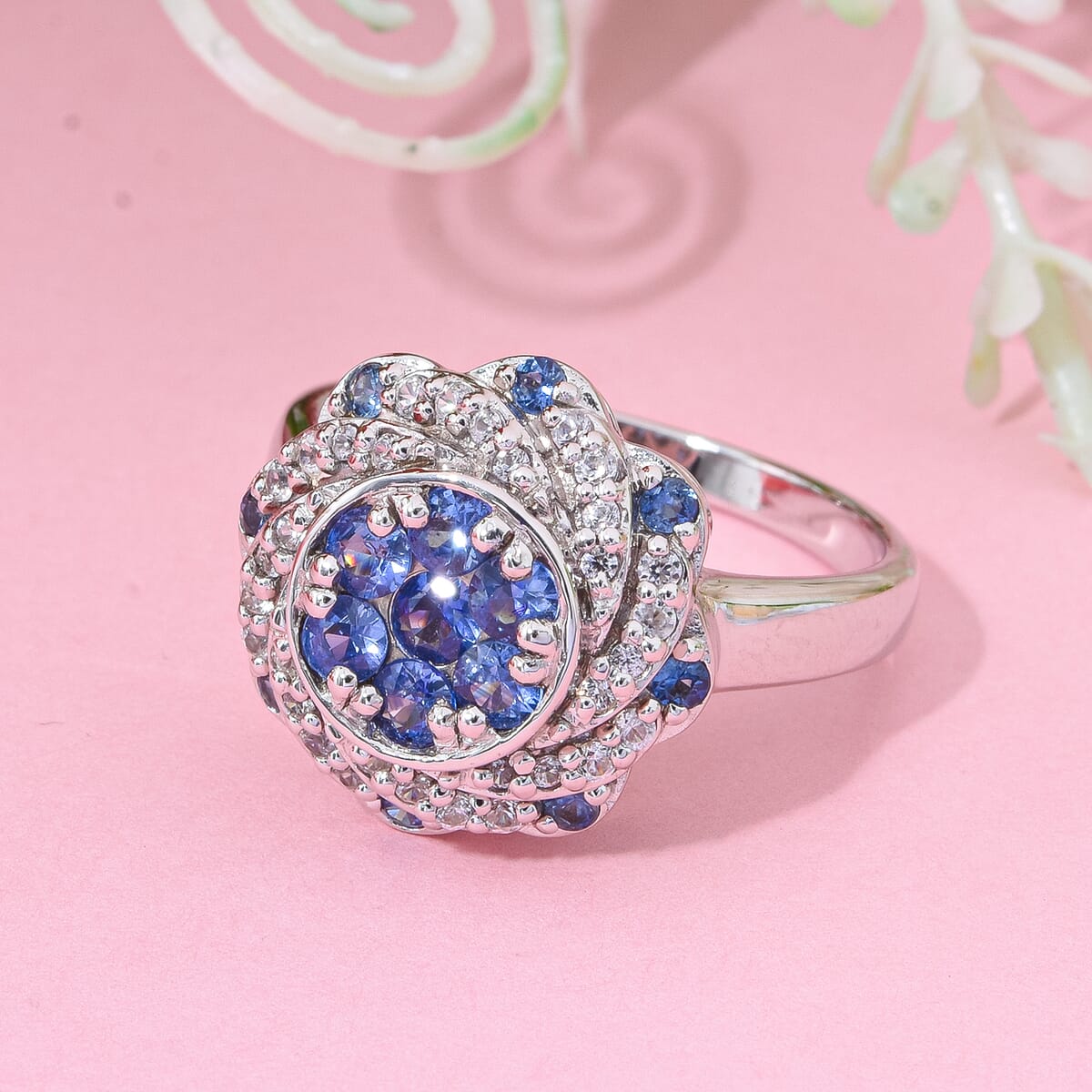 Premium Ceylon Blue Sapphire and White Zircon 1.65 ctw Ocean Radiance Ring in Rhodium Over Sterling Silver (Size 10.0) image number 1