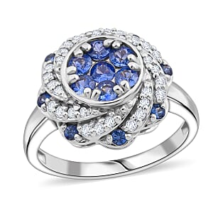 Premium Ceylon Blue Sapphire and White Zircon 1.65 ctw Ocean Radiance Ring in Rhodium Over Sterling Silver (Size 7.0)