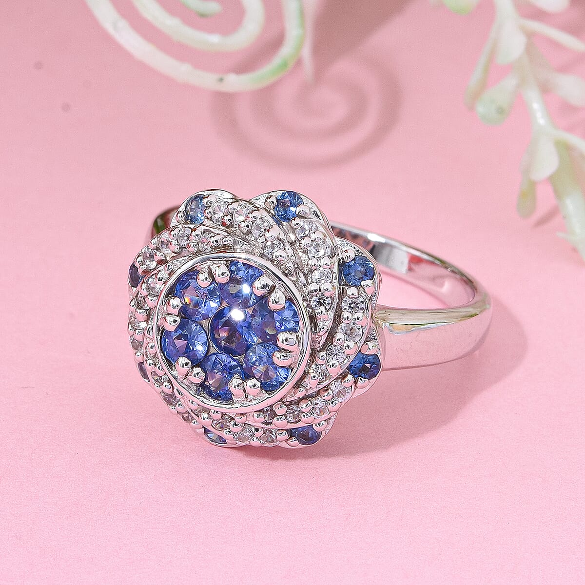 Premium Ceylon Blue Sapphire and White Zircon 1.65 ctw Ocean Radiance Ring in Rhodium Over Sterling Silver (Size 8.0) image number 1