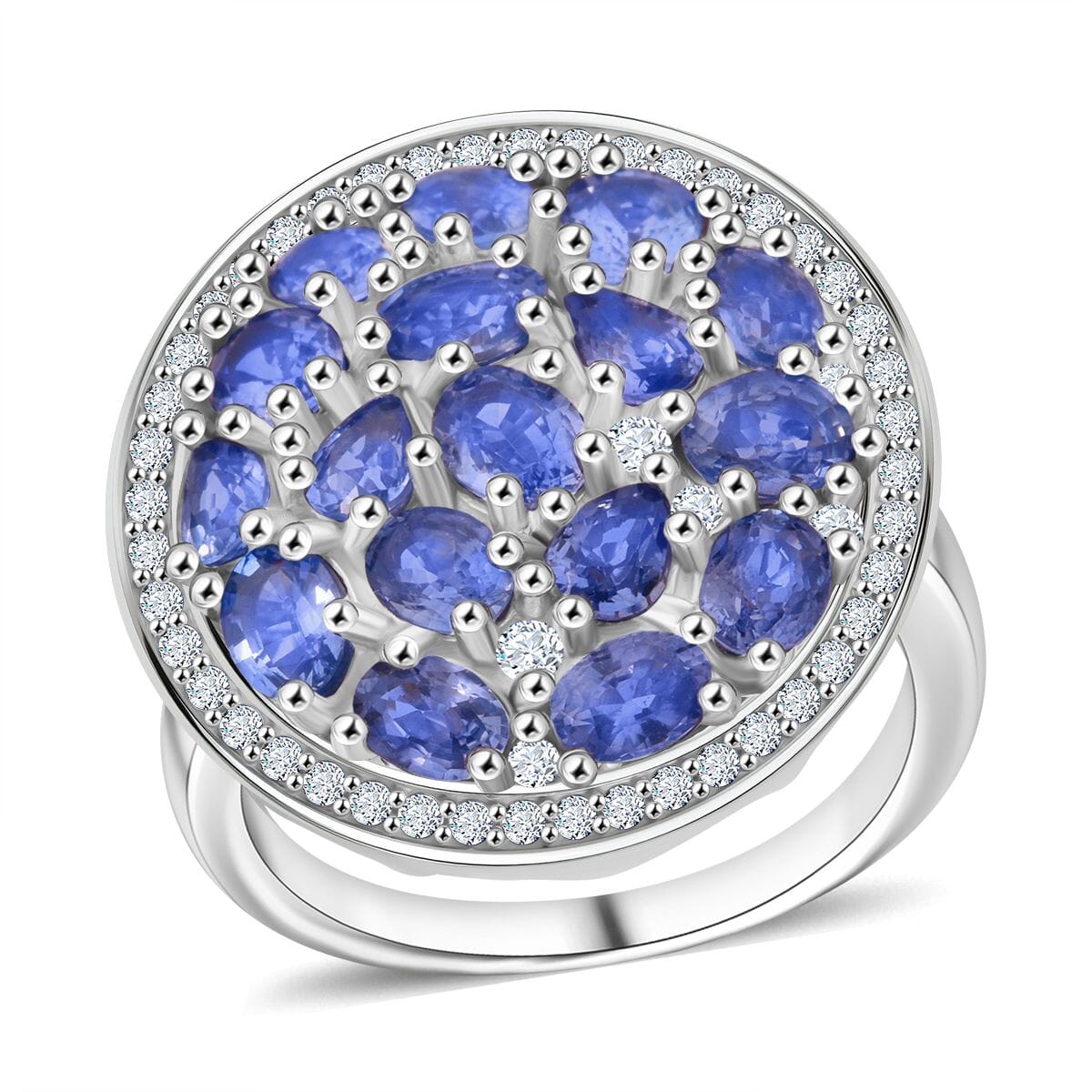 Premium Ceylon Blue Sapphire and Moissanite 4.50 ctw Royal Tides Ring in Rhodium Over Sterling Silver (Size 10.0) image number 0