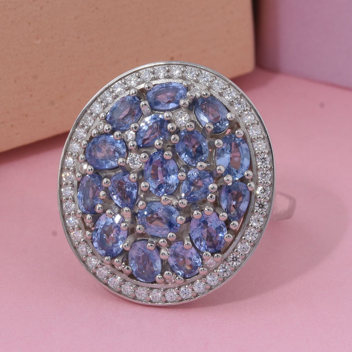 Premium Ceylon Blue Sapphire and Moissanite 4.50 ctw Royal Tides Ring in Rhodium Over Sterling Silver (Size 10.0) image number 1