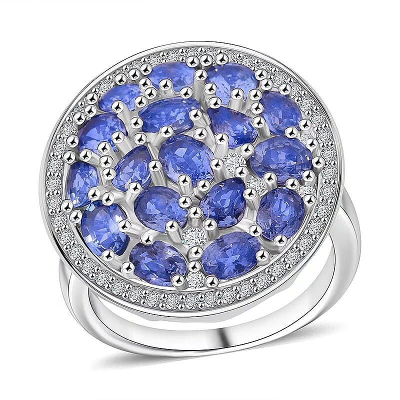 Ceylon Blue Sapphire, Moissanite Ring in Rhodium Over Sterling Silver 4.50 ctw (Size 6.0)