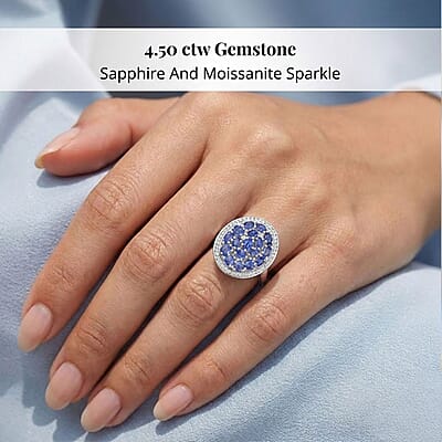 Ceylon Blue Sapphire, Moissanite Ring in Rhodium Over Sterling Silver 4.50 ctw (Size 6.0)