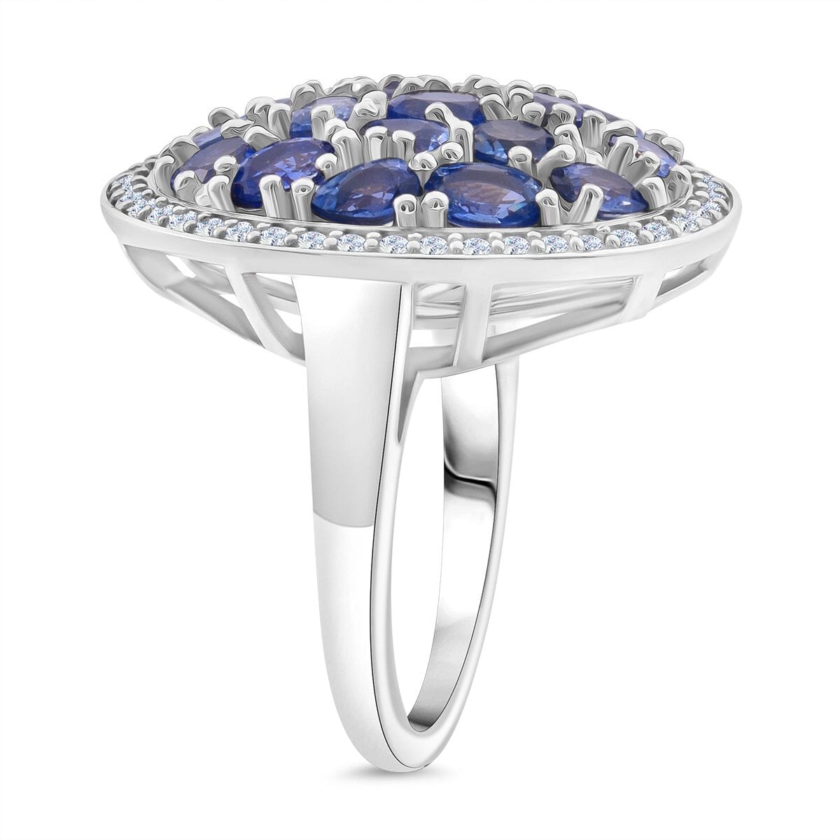 Premium Ceylon Blue Sapphire and Moissanite 4.50 ctw Royal Tides Ring in Rhodium Over Sterling Silver (Size 7.0) image number 3