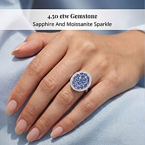 Premium Ceylon Blue Sapphire and Moissanite 4.50 ctw Royal Tides Ring in Rhodium Over Sterling Silver (Size 8.0)
