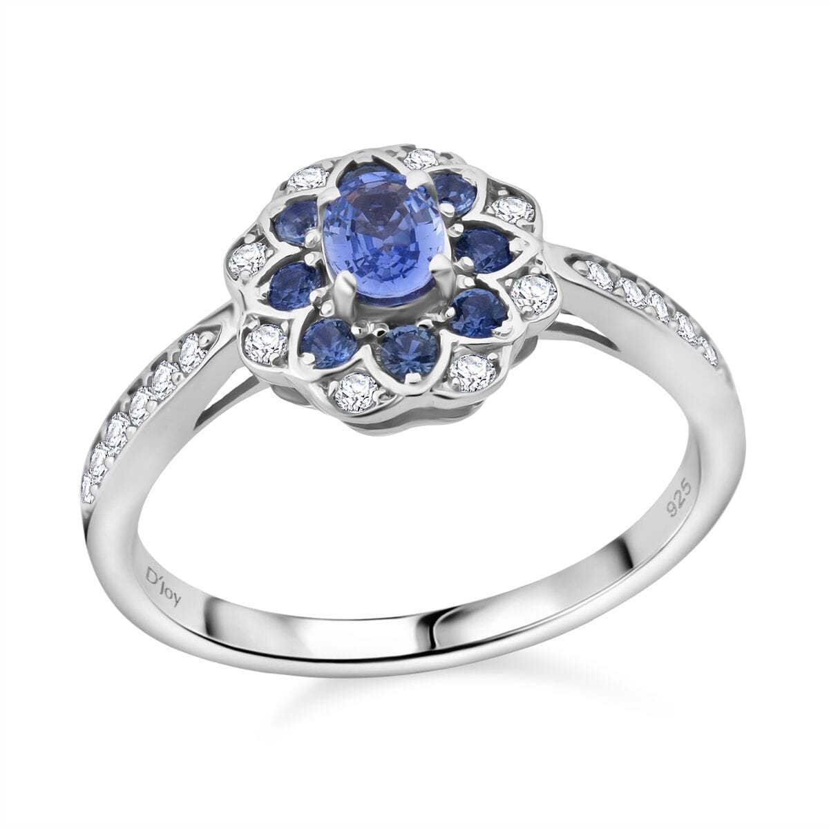 Premium Ceylon Blue Sapphire and White Zircon 1.00 ctw Ocean Bloom Ring in Rhodium Over Sterling Silver (Size 10.0) image number 0