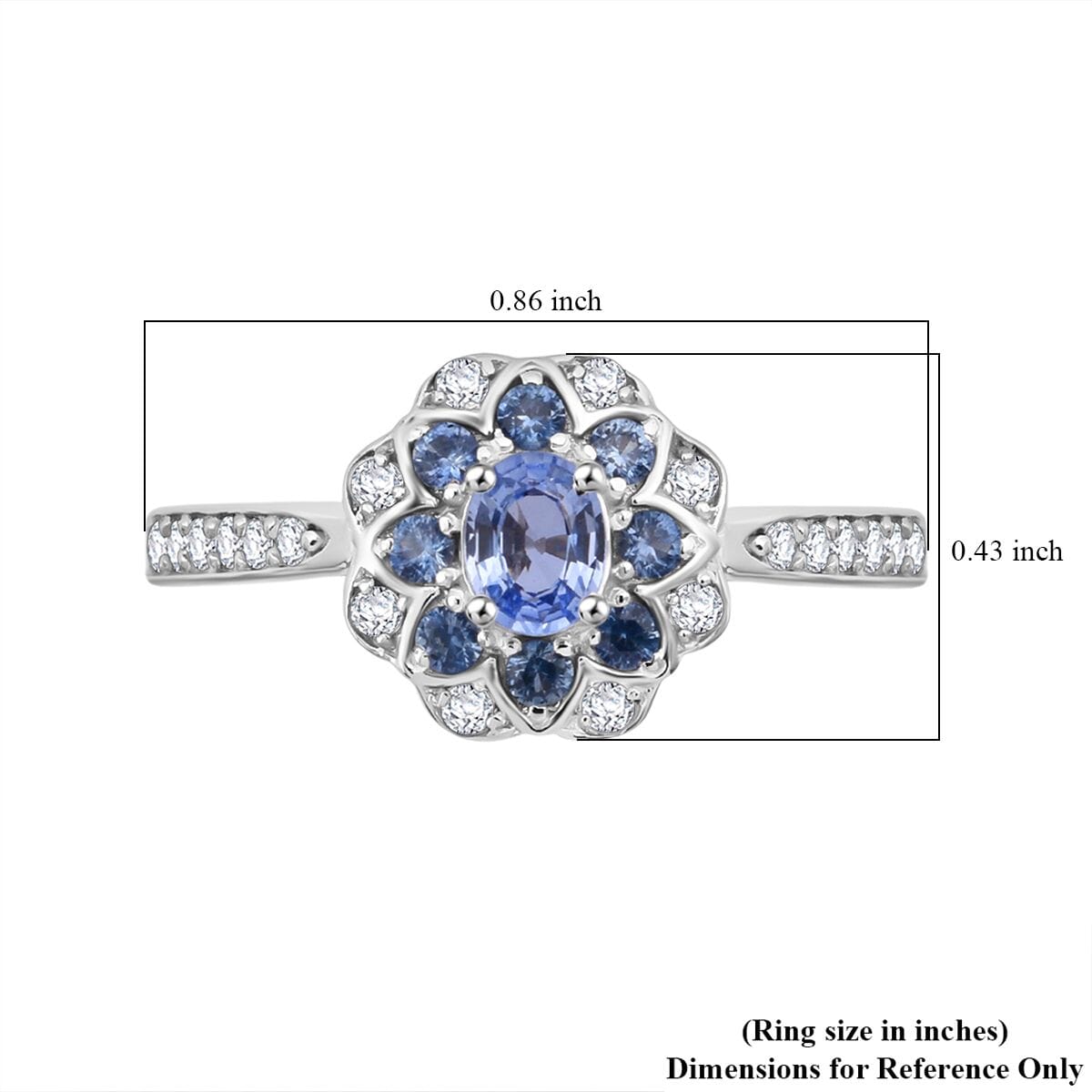 Premium Ceylon Blue Sapphire and White Zircon 1.00 ctw Ocean Bloom Ring in Rhodium Over Sterling Silver (Size 10.0) image number 5