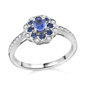 Premium Ceylon Blue Sapphire and White Zircon 1.00 ctw Ocean Bloom Ring in Rhodium Over Sterling Silver (Size 5.0)