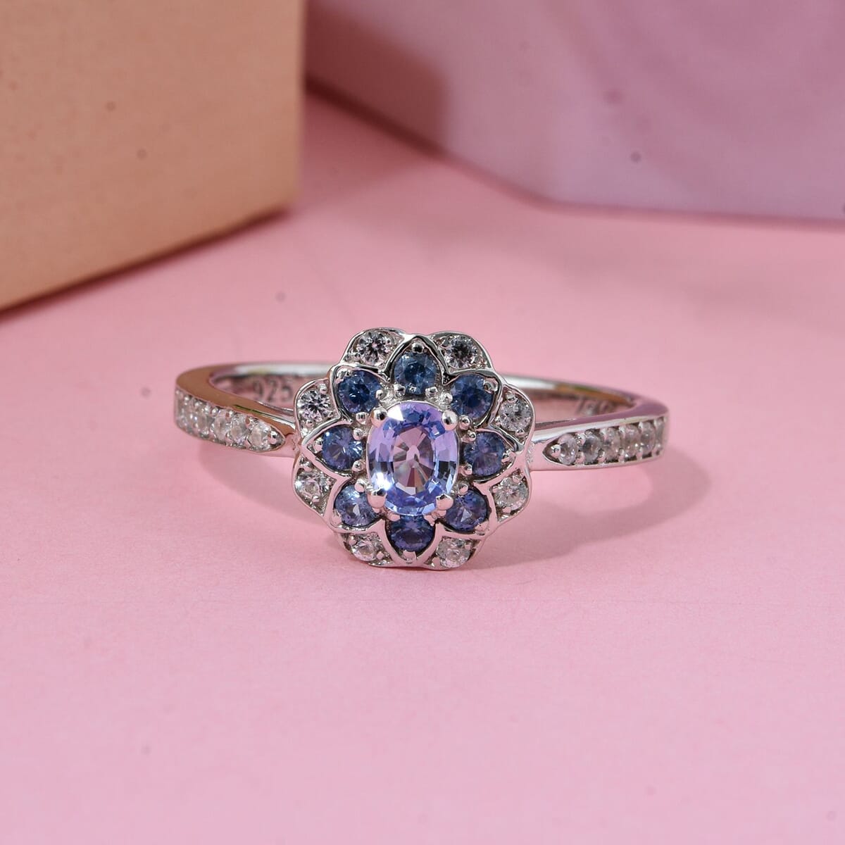 Premium Ceylon Blue Sapphire and White Zircon 1.00 ctw Ocean Bloom Ring in Rhodium Over Sterling Silver (Size 5.0) image number 1