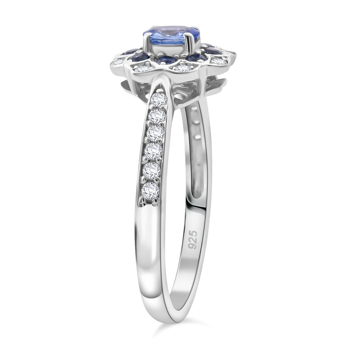 Premium Ceylon Blue Sapphire and White Zircon 1.00 ctw Ocean Bloom Ring in Rhodium Over Sterling Silver (Size 5.0) image number 3
