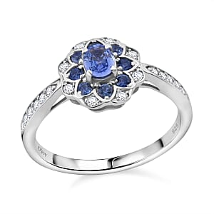 Premium Ceylon Blue Sapphire and White Zircon 1.00 ctw Ocean Bloom Ring in Rhodium Over Sterling Silver (Size 8.0)