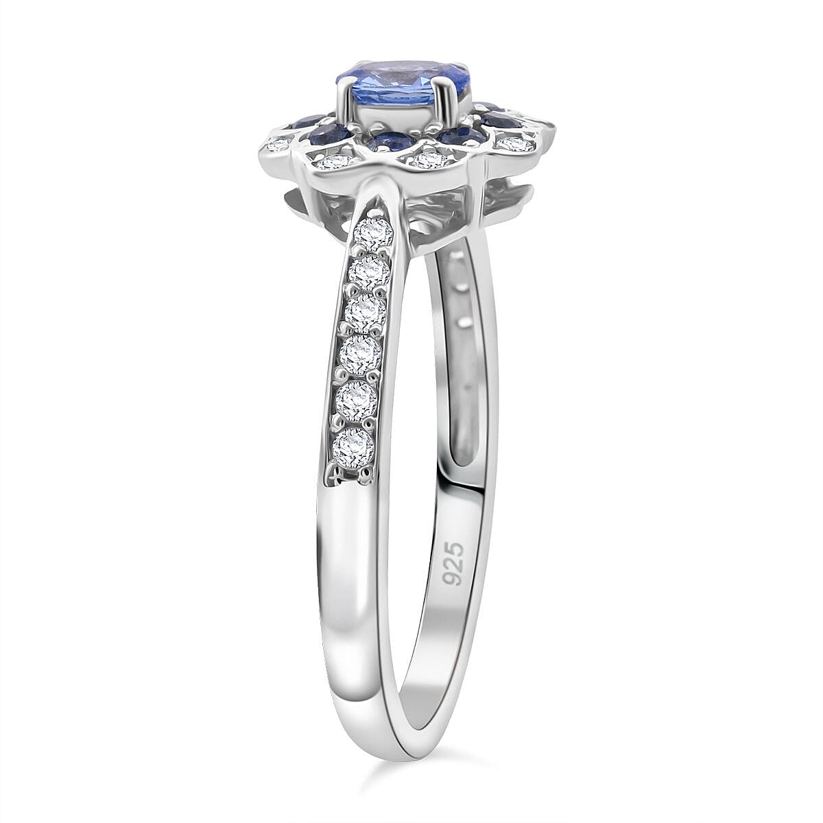 Premium Ceylon Blue Sapphire and White Zircon 1.00 ctw Ocean Bloom Ring in Rhodium Over Sterling Silver (Size 8.0) image number 3
