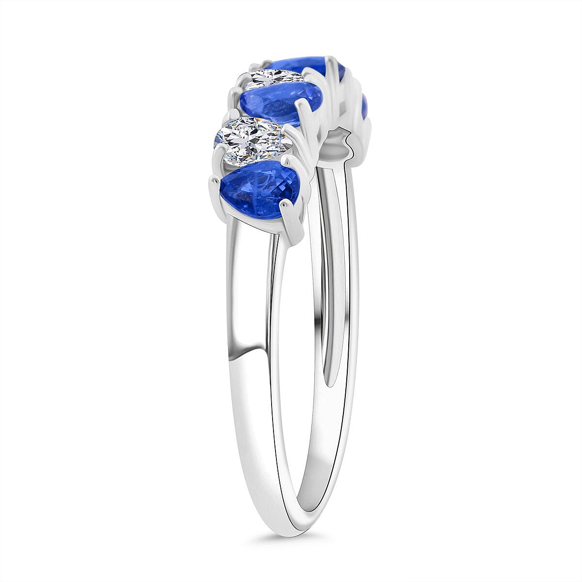 Premium Ceylon Blue Sapphire and Moissanite 1.30 ctw Tidal Crown Ring in Rhodium Over Sterling Silver (Size 10.0)