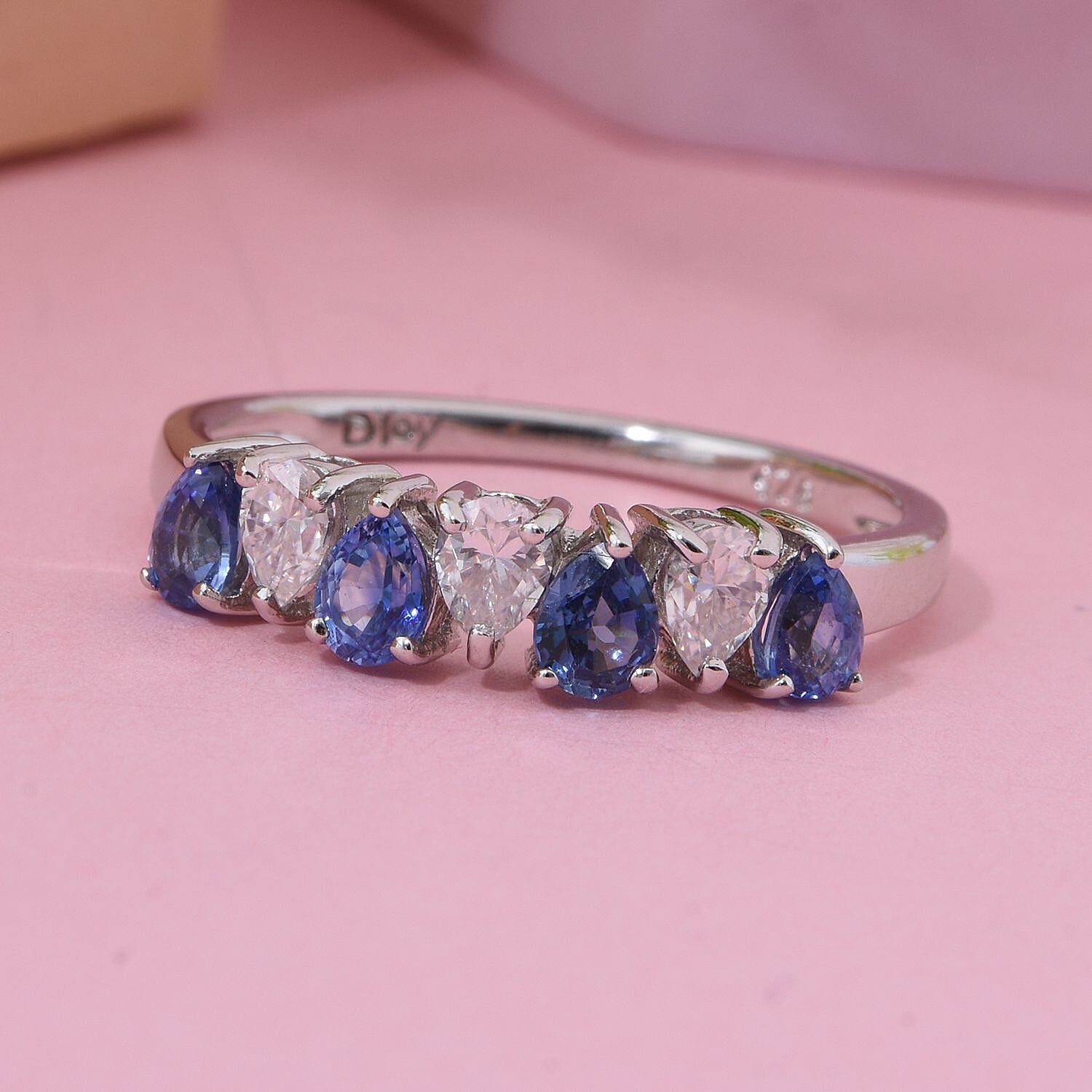 Premium Ceylon Blue Sapphire and Moissanite  1.30 ctw Ring in Rhodium Over Sterling Silver (Size 8.0)