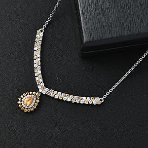 D'Joy Tanzanian Mandarin Garnet and Moissanite 2.35 ctw Kindled Curve Necklace 18 Inches in Rhodium Over Sterling Silver 