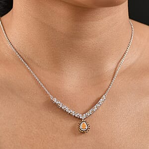 D'Joy Tanzanian Mandarin Garnet and Moissanite 2.35 ctw Kindled Curve Necklace 18 Inches in Rhodium Over Sterling Silver 