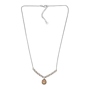 D'Joy Tanzanian Mandarin Garnet and Moissanite 2.35 ctw Kindled Curve Necklace 18 Inches in Rhodium Over Sterling Silver 