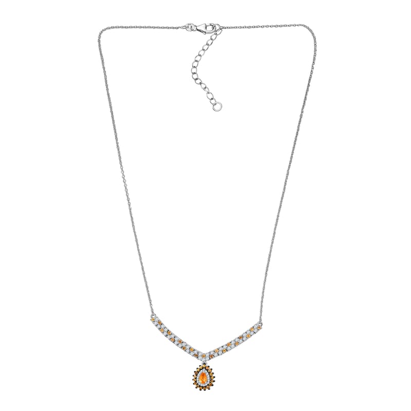 D'Joy Tanzanian Mandarin Garnet and Moissanite 2.35 ctw Kindled Curve Necklace 18 Inches in Rhodium Over Sterling Silver