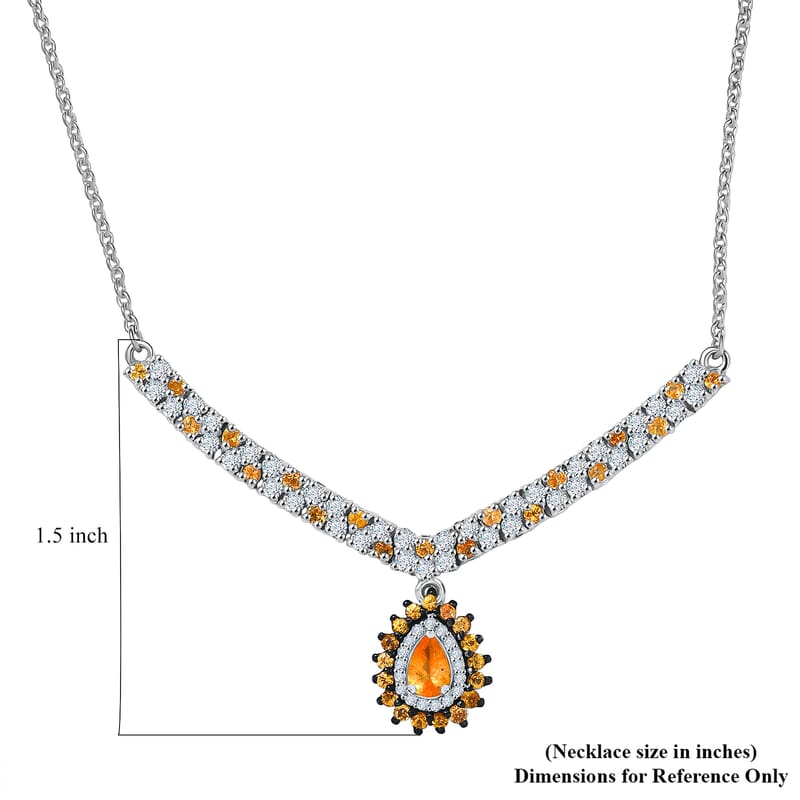 D'Joy Tanzanian Mandarin Garnet and Moissanite 2.35 ctw Kindled Curve Necklace 18 Inches in Rhodium Over Sterling Silver