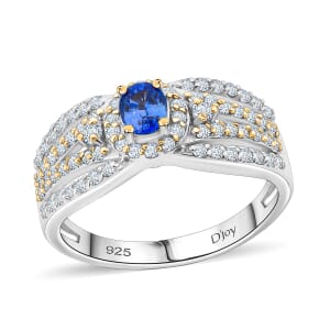 Premium Ceylon Blue Sapphire and Moissanite 1.00 ctw Celestial Crown Ring in Vermeil YG and Rhodium Over Sterling Silver (Size 10.0)