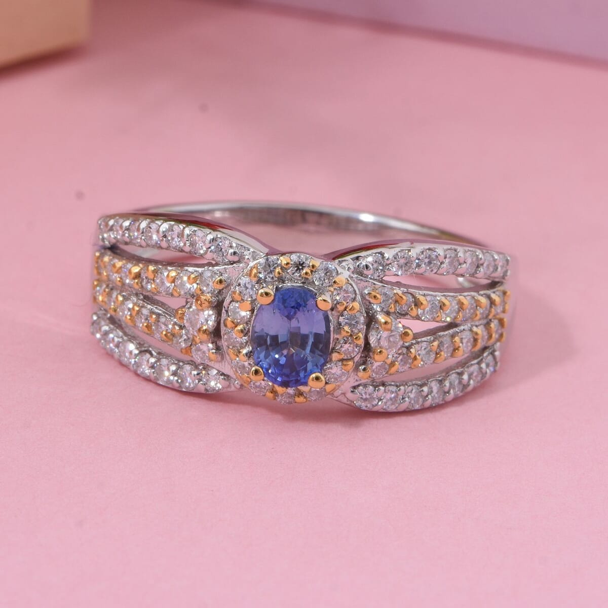 Premium Ceylon Blue Sapphire and Moissanite 1.00 ctw Celestial Crown Ring in Vermeil YG and Rhodium Over Sterling Silver (Size 10.0) image number 1