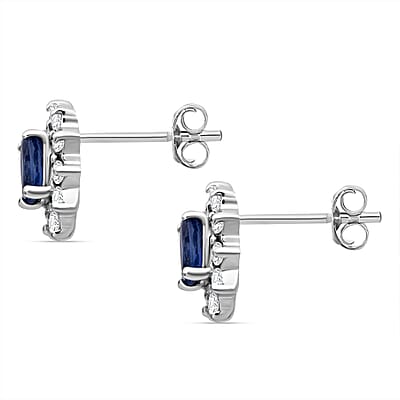 Premium Ceylon Blue Sapphire and Moissanite 0.90 ctwSunlit Sea Earrings in Rhodium Over Sterling Silver 