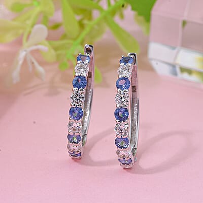 Premium Ceylon Blue Sapphire and Moissanite 1.80 ctw Lagoon Lights Earrings in Rhodium Over Sterling Silver