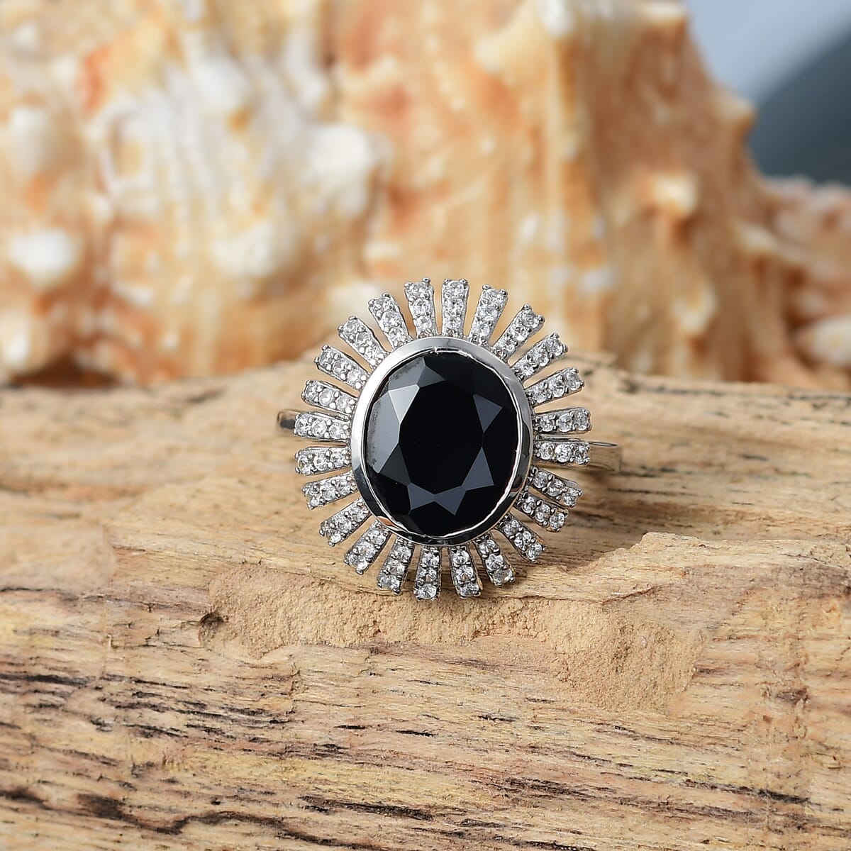 Karis Thai Black Spinel and White Zircon 4.75 ctw Starburst Ring in Platinum Bond (Size 10.0) image number 1