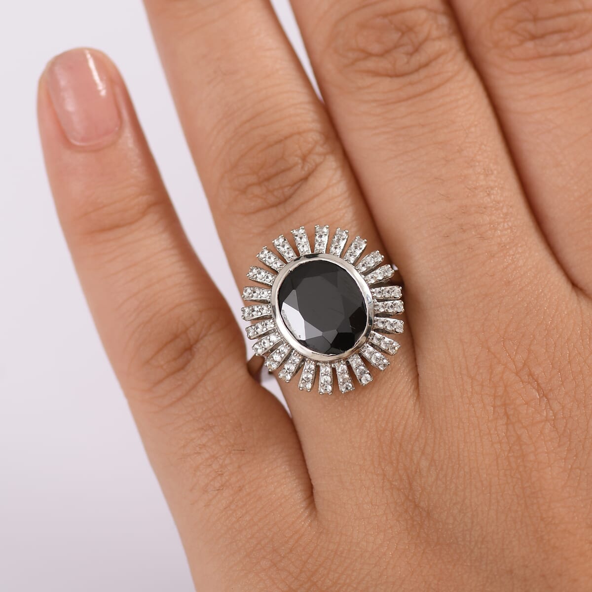 Karis Thai Black Spinel and White Zircon 4.75 ctw Starburst Ring in Platinum Bond (Size 10.0) image number 2
