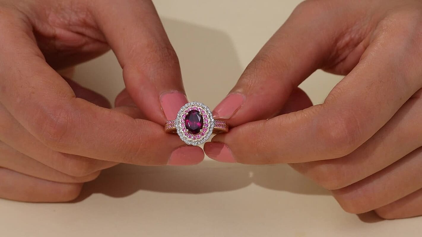 Luxoro AAA Radiant Ember Garnet, Madagascar Pink Sapphire and I1 Diamond 1.90 ctw Ring in 10K Yellow Gold (Del. In 10-12 Days)