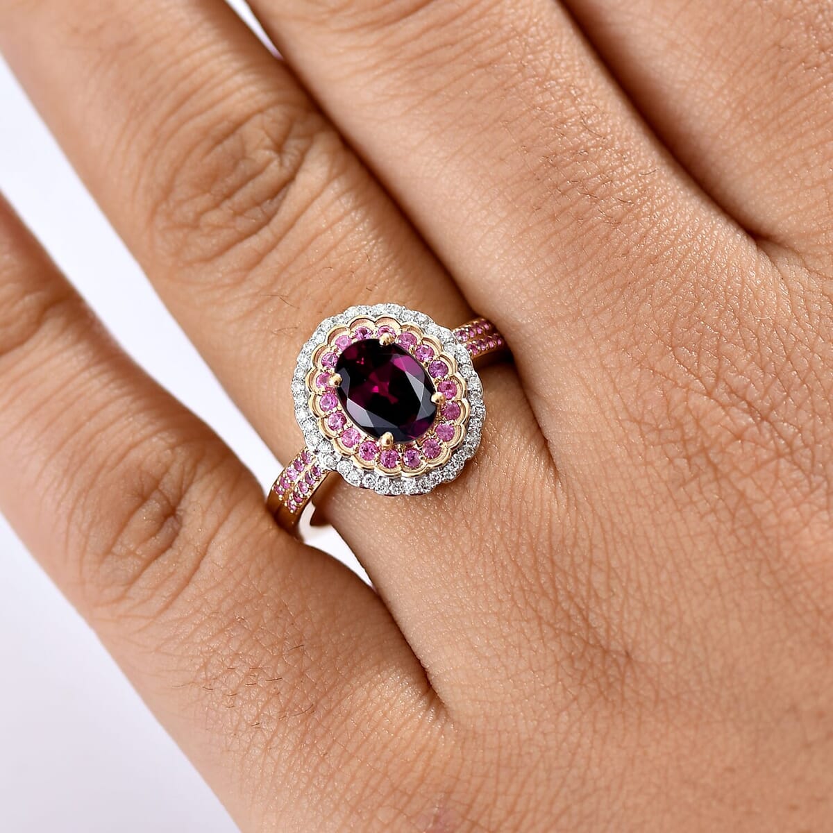 Luxoro AAA Radiant Ember Garnet, Madagascar Pink Sapphire and I1 Diamond 1.90 ctw Blush & Bloom Ring in 10K Yellow Gold (Size 10.0) image number 2