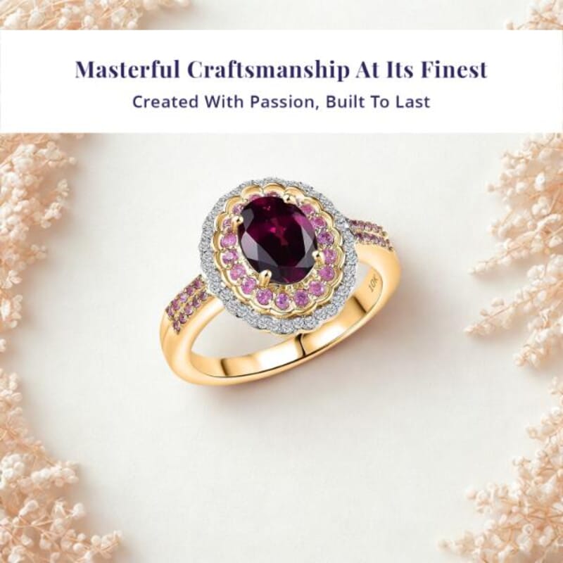 Luxoro AAA Radiant Ember Garnet, Madagascar Pink Sapphire and I1 Diamond 1.90 ctw Blush & Bloom Ring in 10K Yellow Gold (Size 10.0)