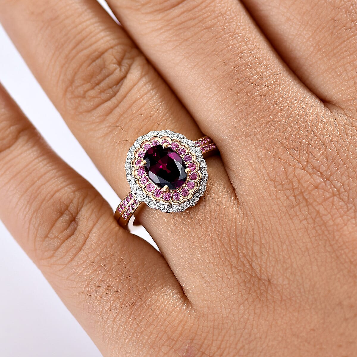 Luxoro AAA Radiant Ember Garnet, Madagascar Pink Sapphire and I1 Diamond 1.90 ctw Blush & Bloom Ring in 10K Yellow Gold (Size 9.0) image number 2