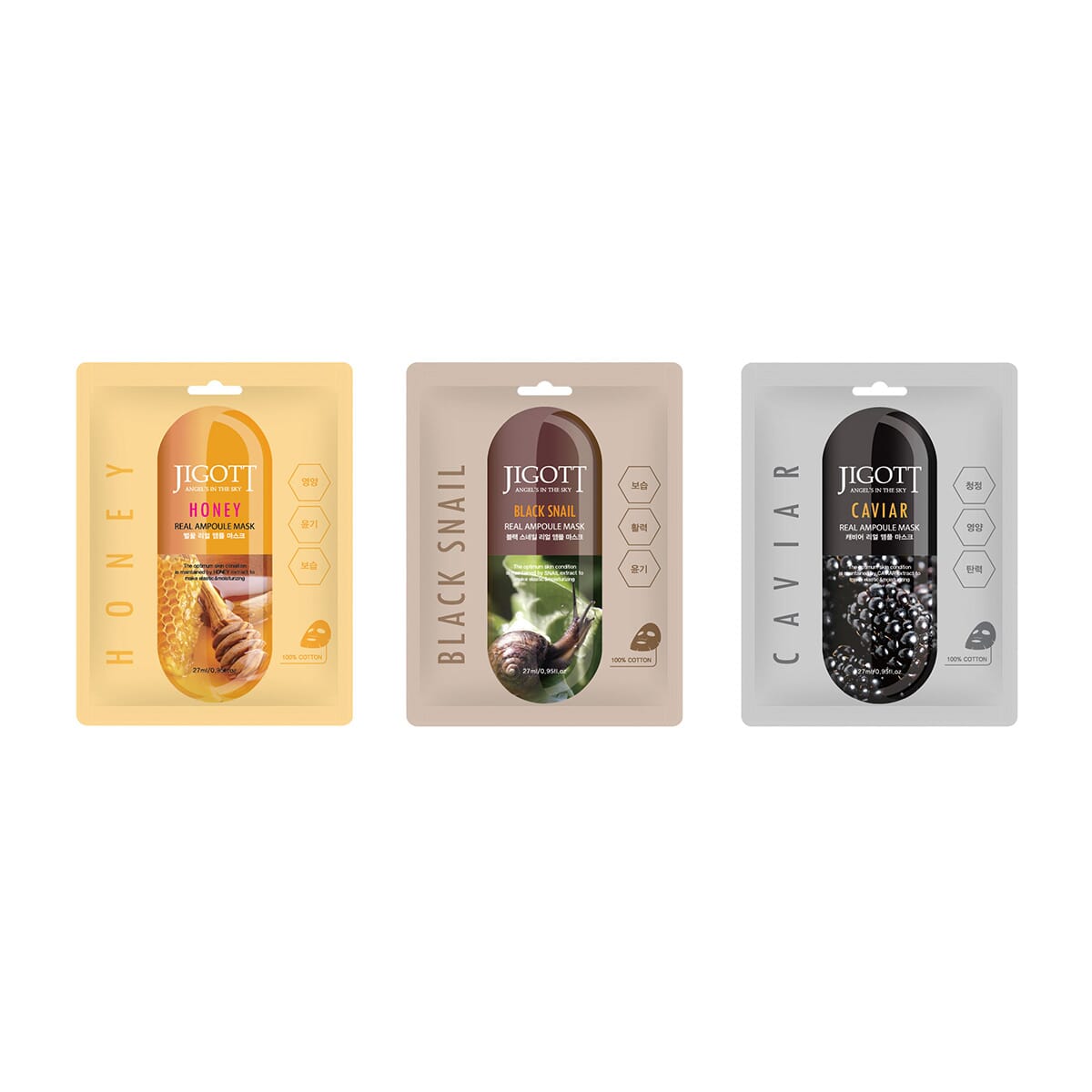 JIGOTT Real Ampoule Cotton Mask Rejuvenate Collection- Black Snail, Caviar, & Honey (3x10 each) image number 0