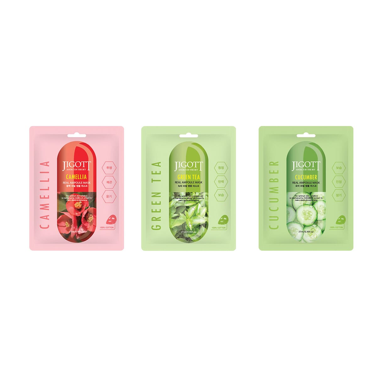 JIGOTT Real Ampoule Cotton Mask Soothing Collection- Cucumber, Camellia, & Green Tea (3x10 each) image number 0