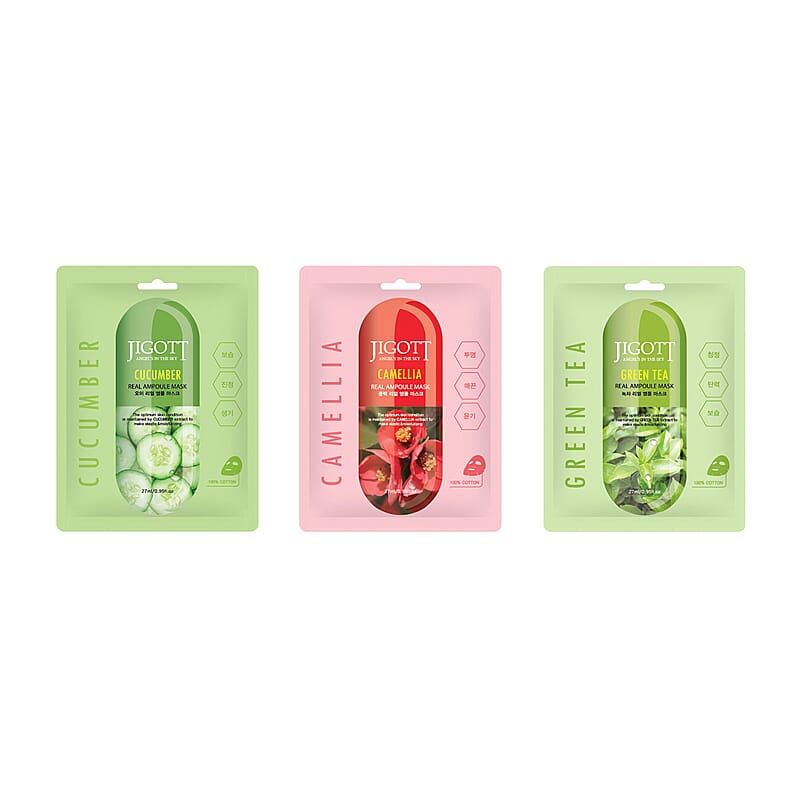 JIGOTT Real Ampoule Cotton Mask Soothing Collection- Cucumber, Camellia, & Green Tea (3x10 each)
