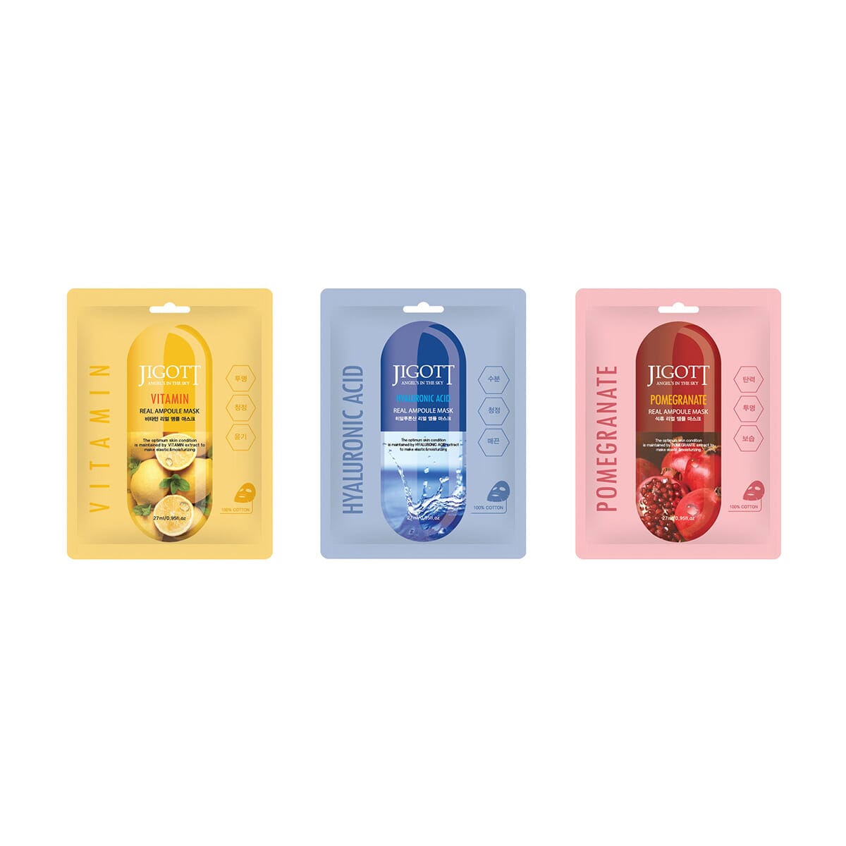 JIGOTT Real Ampoule Cotton Mask Brightening Collection- Hyalluronic Acid, Vitamin, & Pomegranate (3x10 each) image number 0