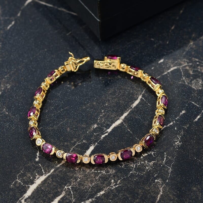 D'Joy Premium Radiant Ember Garnet and Moissanite 8.20 ctw Twilight Flame Bracelet in 18K Vermeil Yellow Gold Over Sterling Silver (6.50 In)