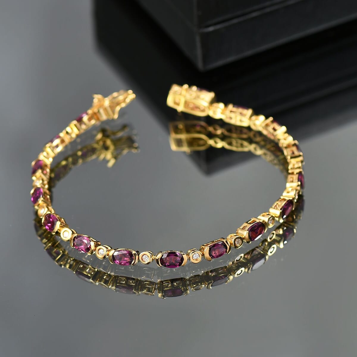 D’Joy Premium Radiant Ember Garnet and Moissanite 9.40 ctw Bracelet in 18K Vermeil Yellow Gold Over Sterling Silver (7.25 In) image number 1
