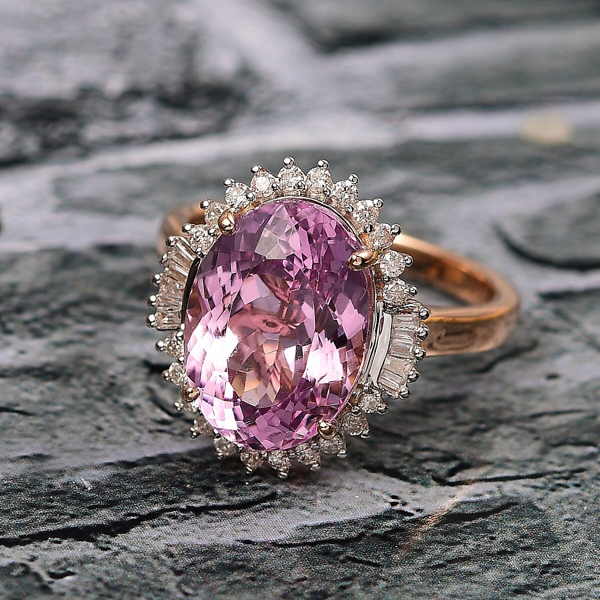 Luxoro AAA Martha Rocha Kunzite and G-H I2 Diamond 7.80 ctw Twilight Blossom Ring in 10K Rose Gold (Size 6.0) image number 1