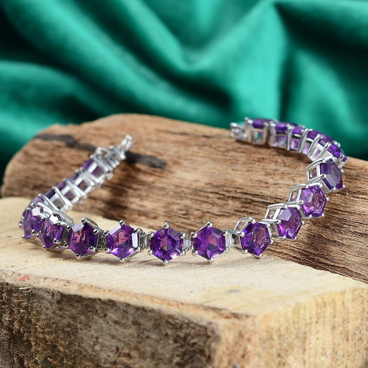 African Amethyst and Moissanite 30.20 ctw Honeycomb Bracelet in Rhodium Over Sterling Silver (7.25 In) image number 1