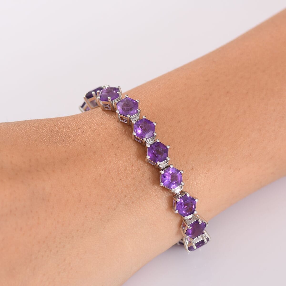 African Amethyst and Moissanite 30.20 ctw Honeycomb Bracelet in Rhodium Over Sterling Silver (7.25 In) image number 2