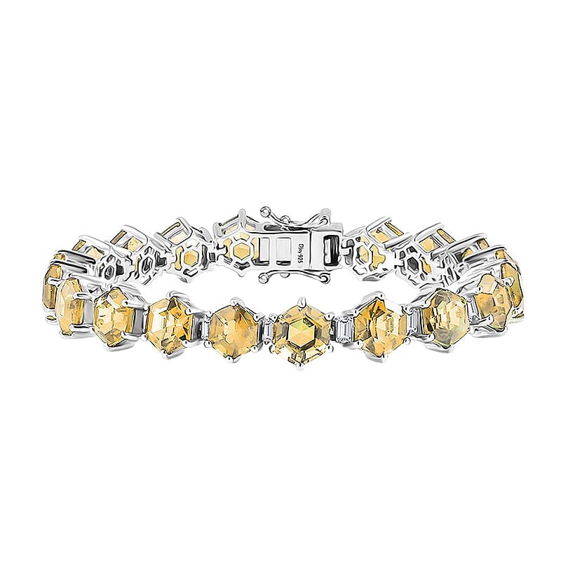 D'Joy Brazilian Citrine and Moissanite 29.50 ctw Honeycomb Bracelet in Rhodium Over Sterling Silver (7.25 In)