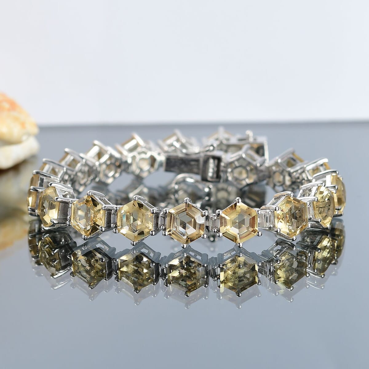 Brazilian Citrine and Moissanite 29.50 ctw Honeycomb Bracelet in Rhodium Over Sterling Silver (7.25 In) image number 1