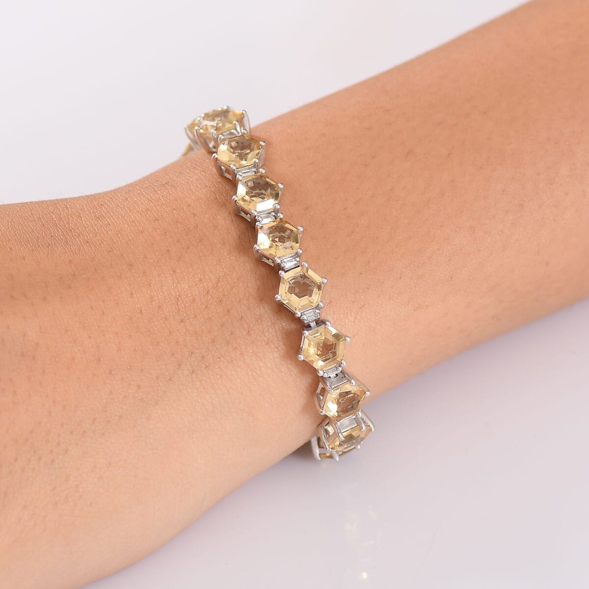Brazilian Citrine and Moissanite 29.50 ctw Honeycomb Bracelet in Rhodium Over Sterling Silver (7.25 In) image number 2