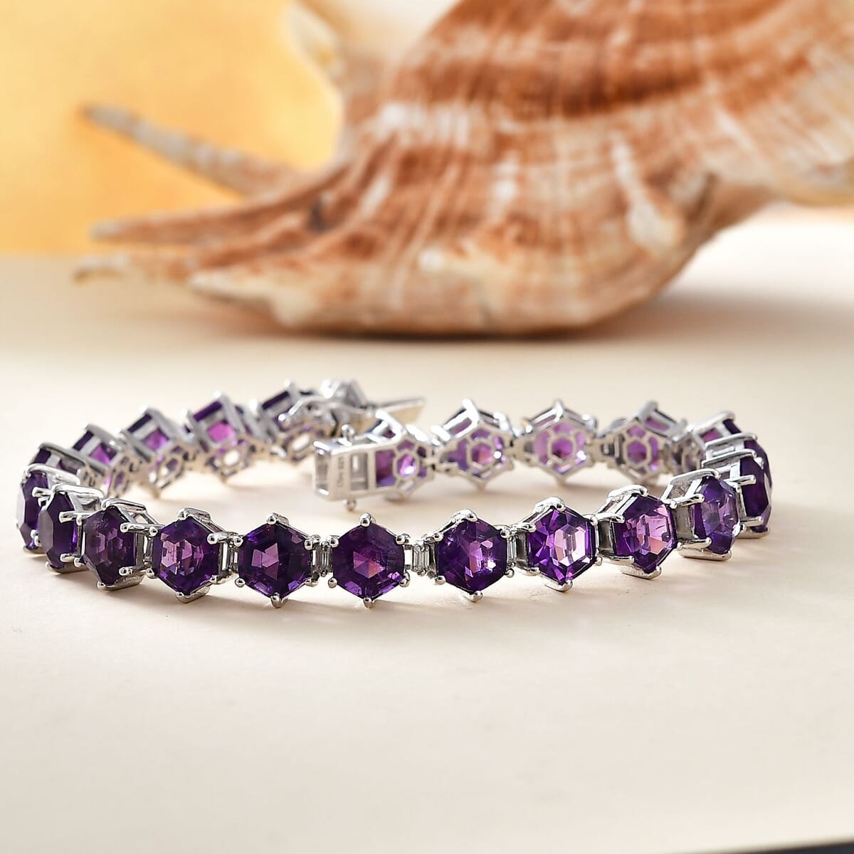 African Amethyst and Moissanite 33.25 ctw Honeycomb Bracelet in Rhodium Over Sterling Silver (8.00 In) image number 1