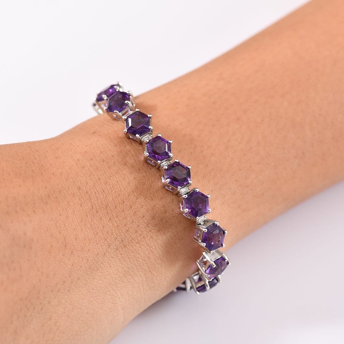 African Amethyst and Moissanite 33.25 ctw Honeycomb Bracelet in Rhodium Over Sterling Silver (8.00 In) image number 2