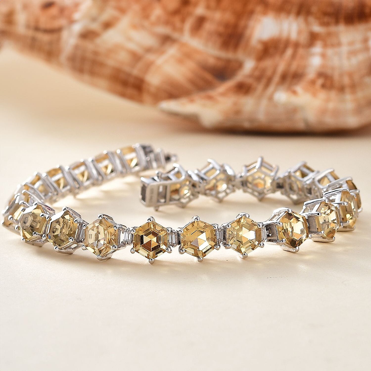 D'Joy Brazilian Citrine and Moissanite 32.50 ctw Honeycomb Bracelet in Rhodium Over Sterling Silver (8.00 In)