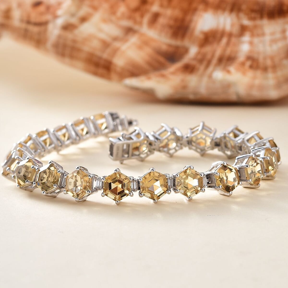 Brazilian Citrine and Moissanite 32.50 ctw Honeycomb Bracelet in Rhodium Over Sterling Silver (8.00 In) image number 1