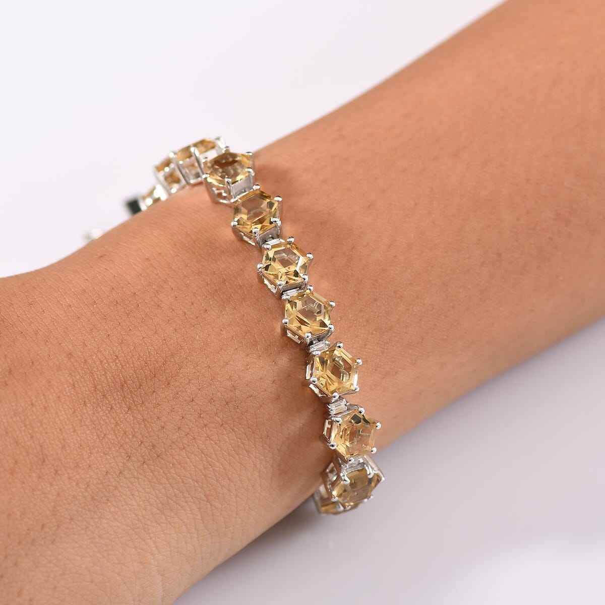 Brazilian Citrine and Moissanite 32.50 ctw Honeycomb Bracelet in Rhodium Over Sterling Silver (8.00 In) image number 2
